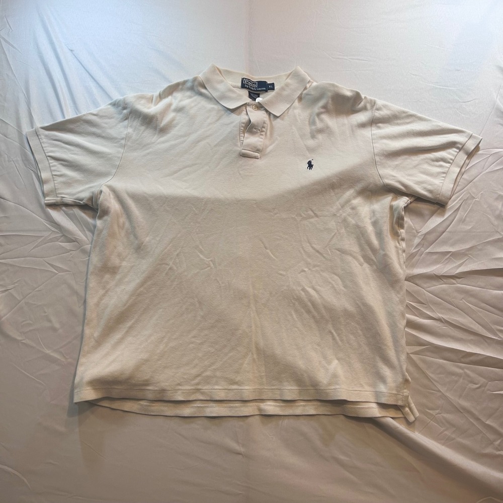 Polo Ralph Lauren Mens XL Cream Short Sleeve Cotton Polo Shirt Navy Pony Logo